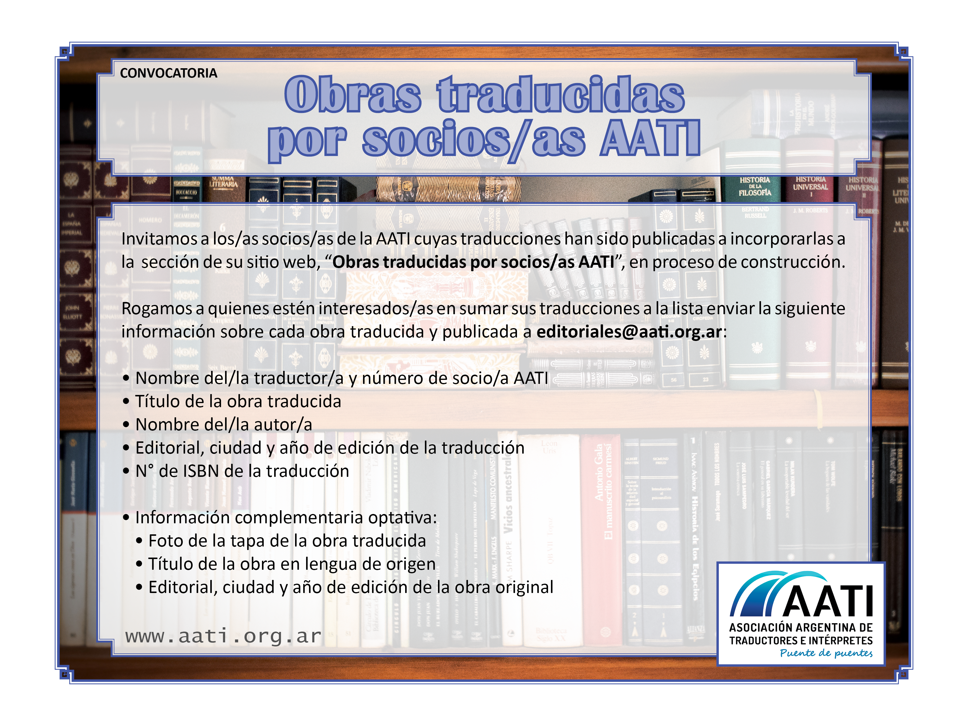 Convocatoria: obras traducidas por socios/as AATI