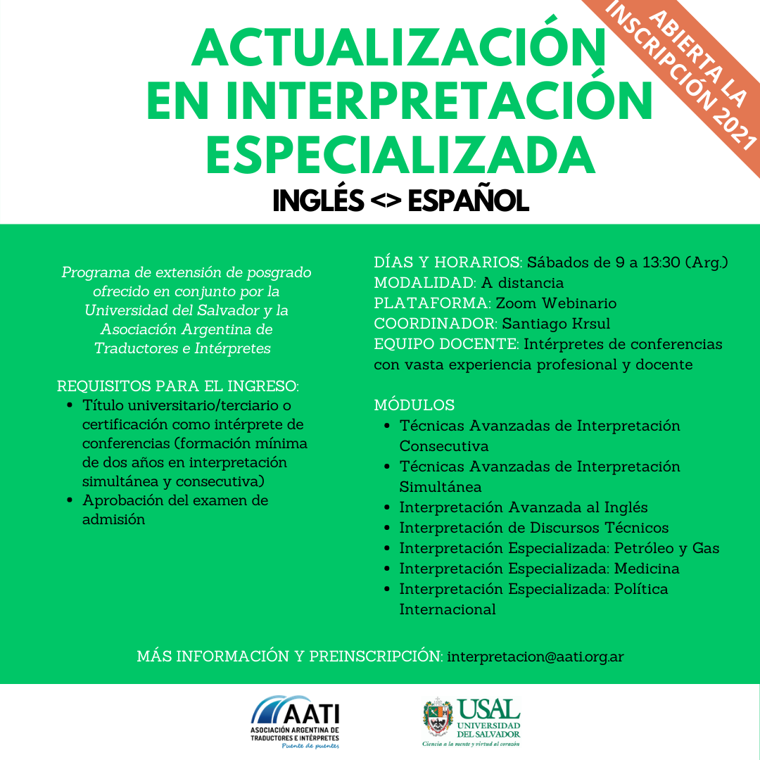 Segunda Edición de la Actualización en Interpretación Especializada AATI-USAL